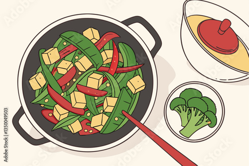 14 Colorful stir-fry dish, crispy tofu cubes, vibrant green vegetables, red bell peppers, snow peas, broccoli florets, bok choy leaves, white ceramic plate, overhead view, restaurant-quality presentat