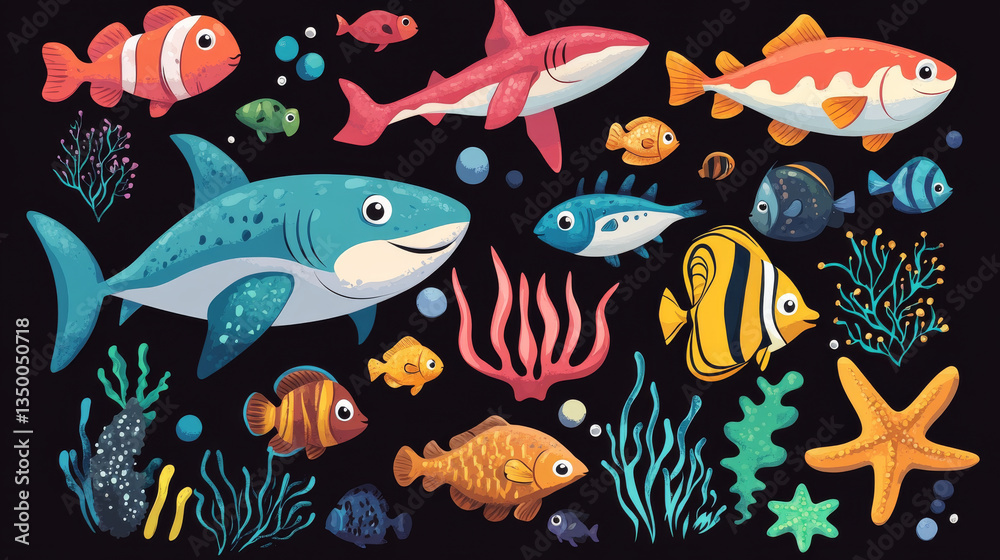Naklejka premium Sea tropical fish, coral, red star and sponge cartoon vector set isolated on black background. Striped butterfly fish and shark, yellow tang and school of tuna, actinia and seaweed, underwater animal