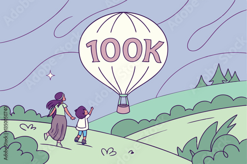 People rejoice under a giant 100K balloon in a surreal landscape, celebrating milestone achievements with excitement and joy, symbolizing views and subscribers