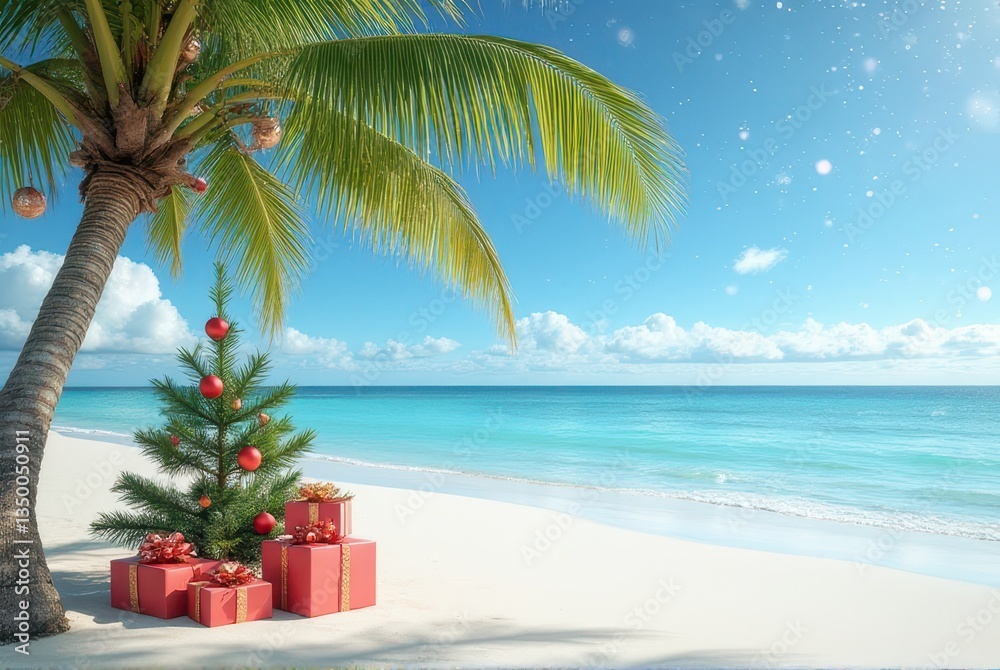 Fototapeta premium Tropical Christmas Beach Scene with Presents