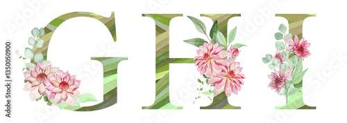 Set of watercolor letters with red dahlias, eucalyptus branches, green striped texture
