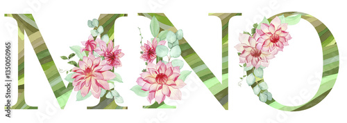 Set of watercolor letters with red dahlias, eucalyptus branches, green striped texture
