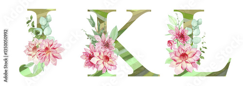 Set of watercolor letters with red dahlias, eucalyptus branches, green striped texture