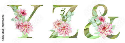 Set of watercolor letters with red dahlias, eucalyptus branches, green striped texture