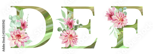 Set of watercolor letters with red dahlias, eucalyptus branches, green striped texture