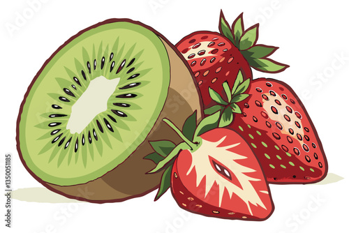 16 vibrant fruit still life, kiwi slice, ripe strawberries, macro photography, high detail, white background, fresh and juicy, vivid colors, clean composition, studio lighting, commercial food photogr