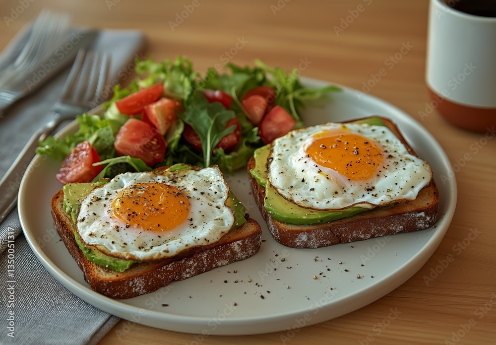 Delicious Breakfast Featuring Poached Eggs, Avocado Toast, and a Fresh Salad on a Wooden Table Delicious Breakfast Featuring Poached Eggs, Avocado Toast, and a Fresh Salad on a Wooden Table
