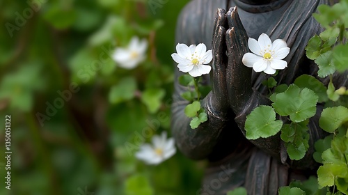 Praying Buddha statue with white flowers.