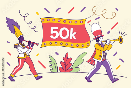 Colorful carnival parade featuring entertainers, festive balloons, and a 50K banner celebration with vibrant costumes