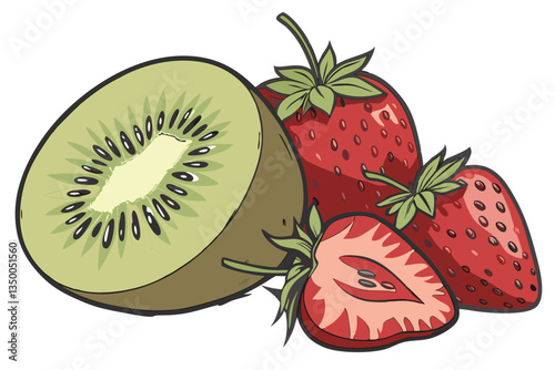 16 vibrant fruit still life, kiwi slice, ripe strawberries, macro photography, high detail, white background, fresh and juicy, vivid colors, clean composition, studio lighting, commercial food photogr