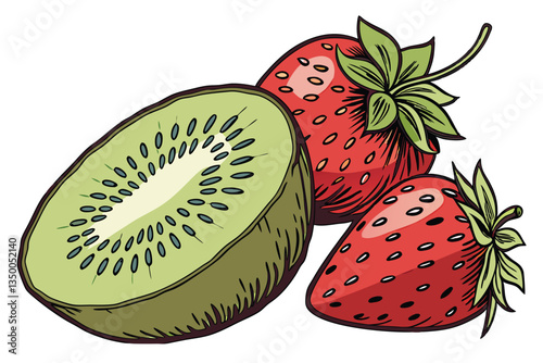 16 vibrant fruit still life, kiwi slice, ripe strawberries, macro photography, high detail, white background, fresh and juicy, vivid colors, clean composition, studio lighting, commercial food photogr
