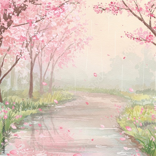 Cherry Blossom Path in Soft Rain