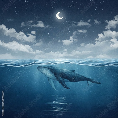 Whale Swimming Under Moonlit Waves