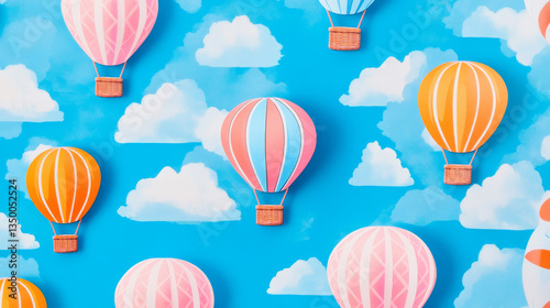 Wallpaper Mural Realistic set of 3D colorful hot air balloons in blue sky with white clouds. Vector illustration of blue, pink and orange aircraft with basket for recreation travel, flight adventure. Seamless pattern Torontodigital.ca