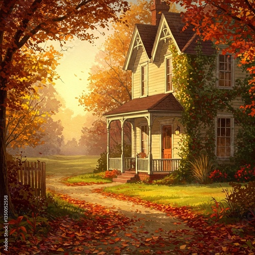 Victorian House Surrounded by Autumn Leaves
