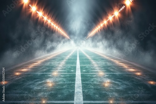 Smoky stadium tunnel, lights, field lines