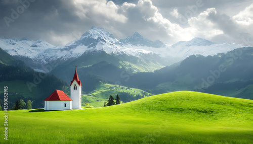 Alpine Church with Green Hills, and Mountains.