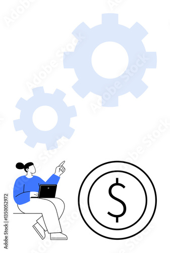 Woman using a laptop while pointing at gears symbolizing process management and a dollar coin for financial goals. Ideal for technology, finance, consulting, economy, teamwork, innovation, business