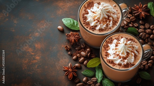 Hot Chocolate With Whipped Cream and Spices Served in Glass Mugs on a Dark Ba...