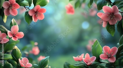 Bright Pink Flowers Frame a Serene Green Landscape During a Sunny Spring Day ...