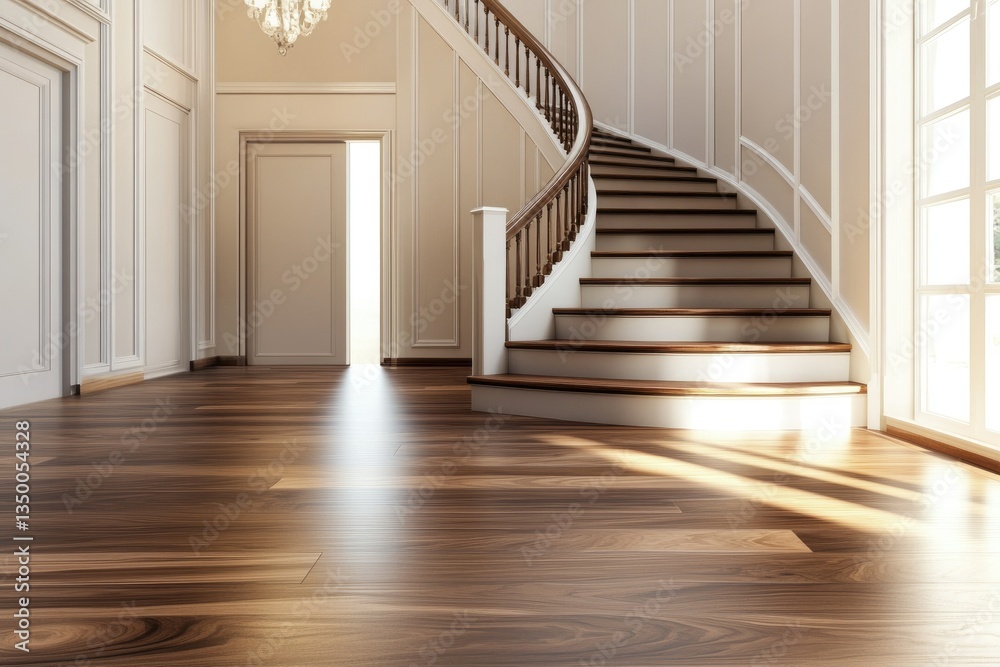 Fototapeta premium Grand foyer, sunlight on hardwood floors, staircase, open door