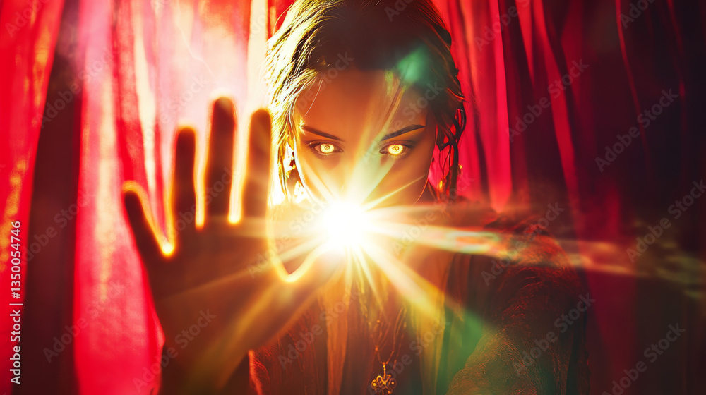 Fototapeta premium Tarot cards divination cartoon web banner, fortuneteller gypsy woman stand at open red curtains with glow hand invite in mystical room for fortune-telling and future prediction, vector illustration