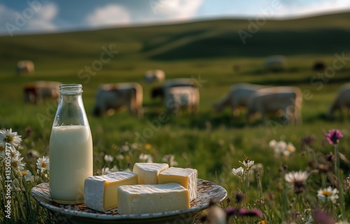Fresh Dairy Products on a Rustic Plate Surrounded by Grazing Cows in a Lush G...