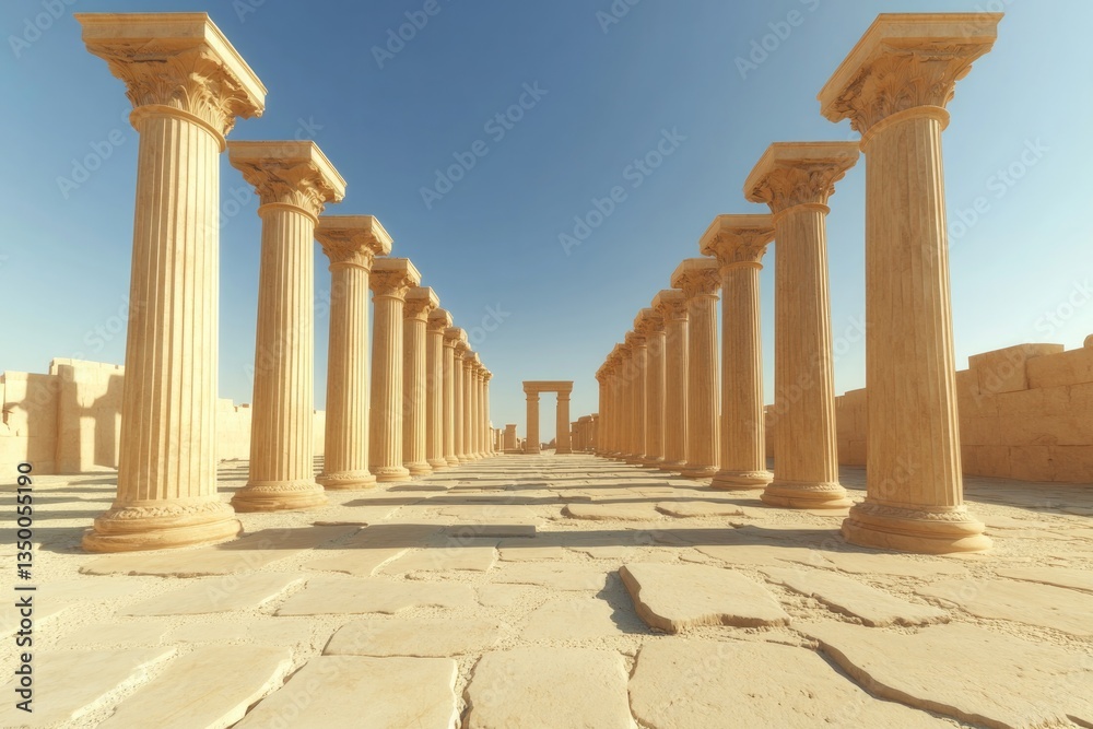Ancient columns stand majestically under clear sky, leading to d Ancient columns stand majestically under clear sky, leading to d