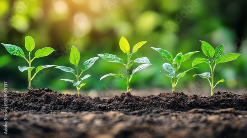 Young Plants Grow in Soil Under Natural Sunlight With a Blurred Green Background