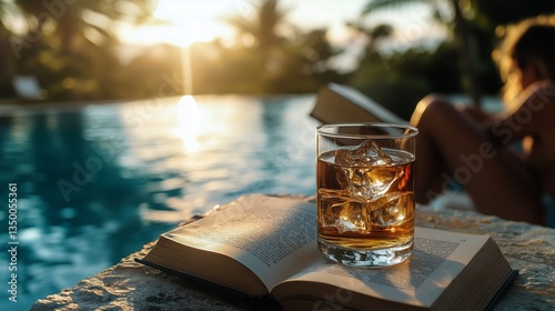 Relaxing by the Pool With a Book and a Refreshing Drink at Sunset