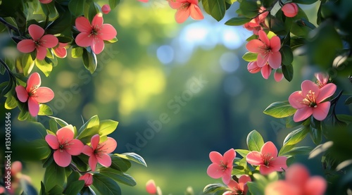 Bright Pink Flowers Frame a Serene Green Landscape During a Sunny Spring Day ...