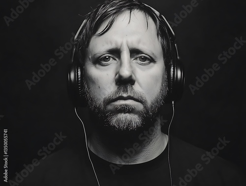 Focused Man Wearing Headphones. photo