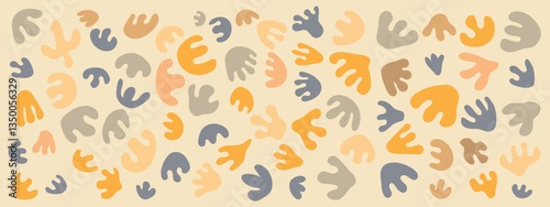 Set collection of cute colorful abstract hand drawn flat organic shapes like dinosaur footprints birds animals isolated elements on background