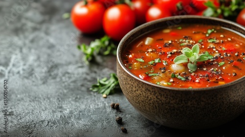 Delicious Tomato Soup Garnished With Fresh Herbs and Cherry Tomatoes on a Dar...