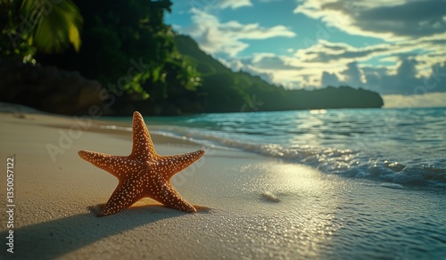 Starfish Resting on a Sandy Beach Near the Ocean at Sunset in a Tropical Loca...