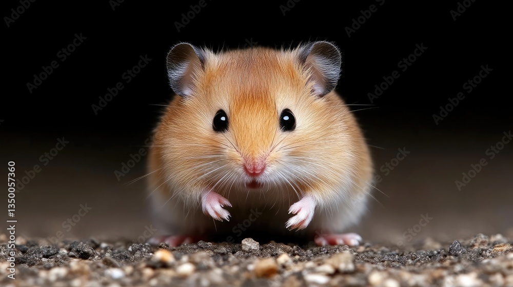 Cute small rodent, front view. Close-up of a small, reddish-brown rodent, seemingly a mouse or similar species, centered against a dark background. Focus is on the animal's face and body. Cute small rodent, front view. Close-up of a small, reddish-brown rodent, seemingly a mouse or similar species, centered against a dark background. Focus is on the animal's face and body.