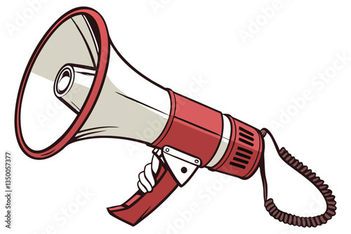 19 megaphone, handheld, red and white, loud speaker, announcement, public address system, communication device, bullhorn, protest tool, attention-grabbing, hand holding, isolated on white background, 