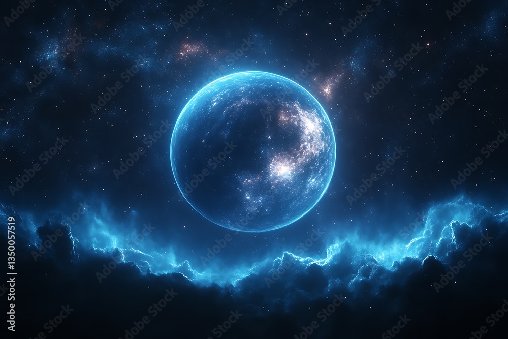 Fototapeta premium Glowing blue planet in nebula.