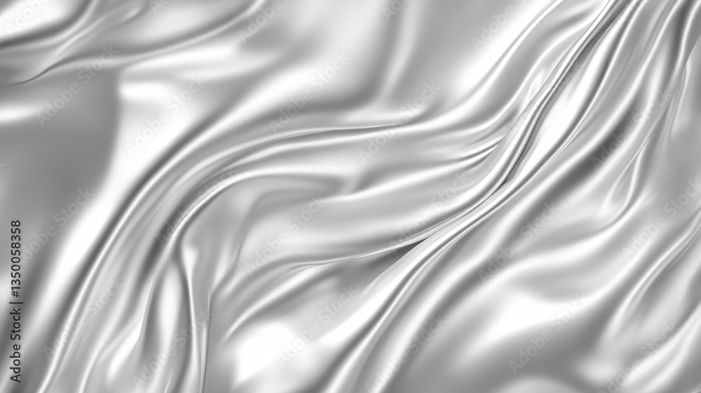 Naklejka premium Silver silk wave fabric texture abstract background. Chrome metal liquid satin smooth surface. Soft fluid dynamic 3d pattern with drape elegant motion. Advertising royal beauty luxury backdrop