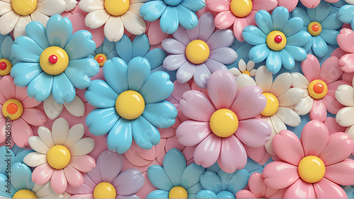 The image is a bright and playful pattern of three-dimensional flowers made in pastel colors. generative AI