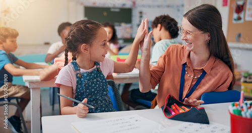 Education, teacher and high five girl in classroom for lesson support, creative activity and learning progress. People, educator and student with fine motor skills success and knowledge development