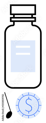 Medicine bottle with label, lab tool, and coin illustrating healthcare expenses, medical research, budgeting, pharmaceuticals, economics of medicine, drug pricing, cost-effective care flat simple