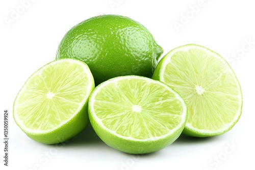 a whole lime and several slices on a white background