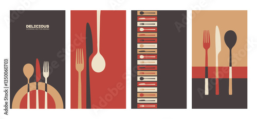 Kitchen art template vector set. Fork, knife and spoon colorful design. Abstract minimal artistic restaurant menu background illustrations.