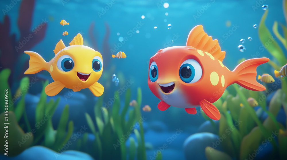 Naklejka premium Set of cute vector cartoon fish for aquarium game. Isolated happy underwater characters. Smiling fun baby marine clipart with face and mouth. Collection of exotic angler fish and cheerful creatures.