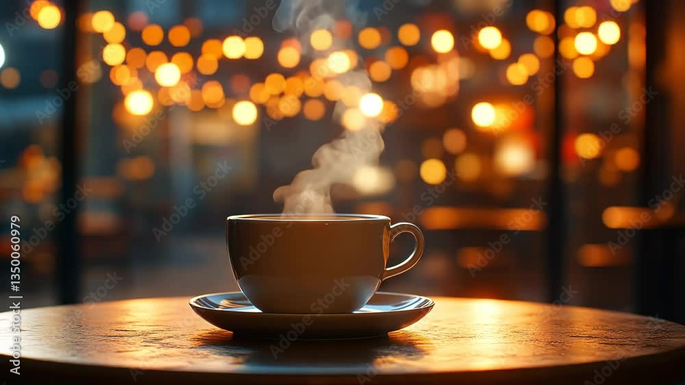A warm cup of freshly brewed coffee with its rich aroma creates a cozy atmosphere filled with soft lights, perfect for relaxation and enjoyment in every moment, enhancing each sip