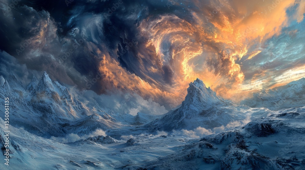 Naklejka premium Majestic Mountain Landscape with Dramatic Clouds and Twilight Sky