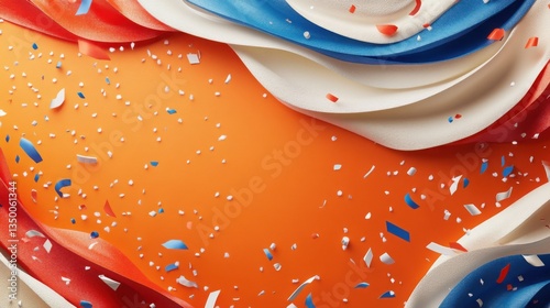 An orange background with red, white, and blue confetti, perfect for festive celebrations, national holidays, or party invitations.