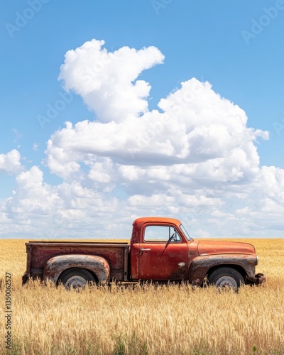 Rusty red pickup truck in a golden wheat field under a vibrant blue sky.  A vintage vehicle nestled amidst tall golden stalks, bathed in sunlight, against a backdrop of fluffy white clouds. 