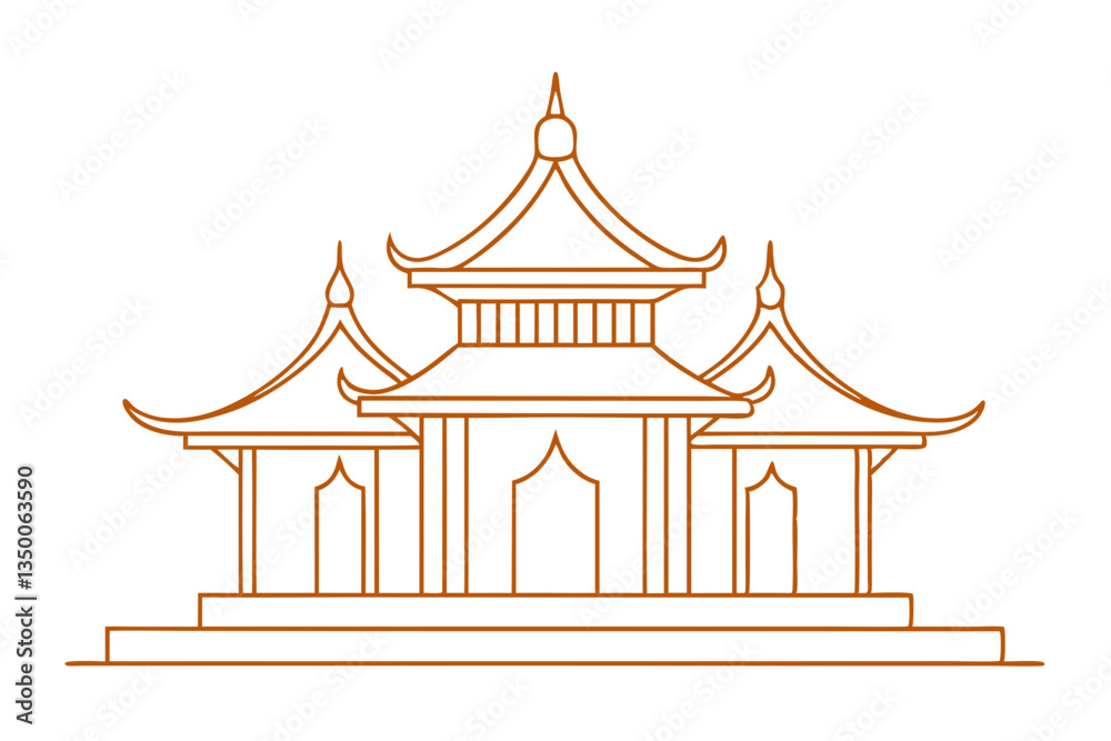 Fototapeta premium Beautiful Thai Temple Pavilion Line Drawing. Cultural Heritage Art